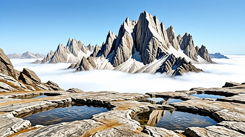 Sunlit jagged mountain spires tower over a white cloud sea, with small reflective pools in rugged foreground stone