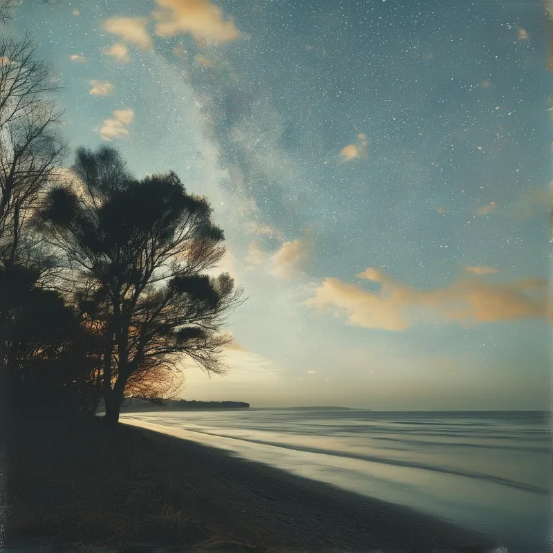 Bare poplars stand in silhouette on a quiet lakeshore while the first stars appear above soft peach clouds.
