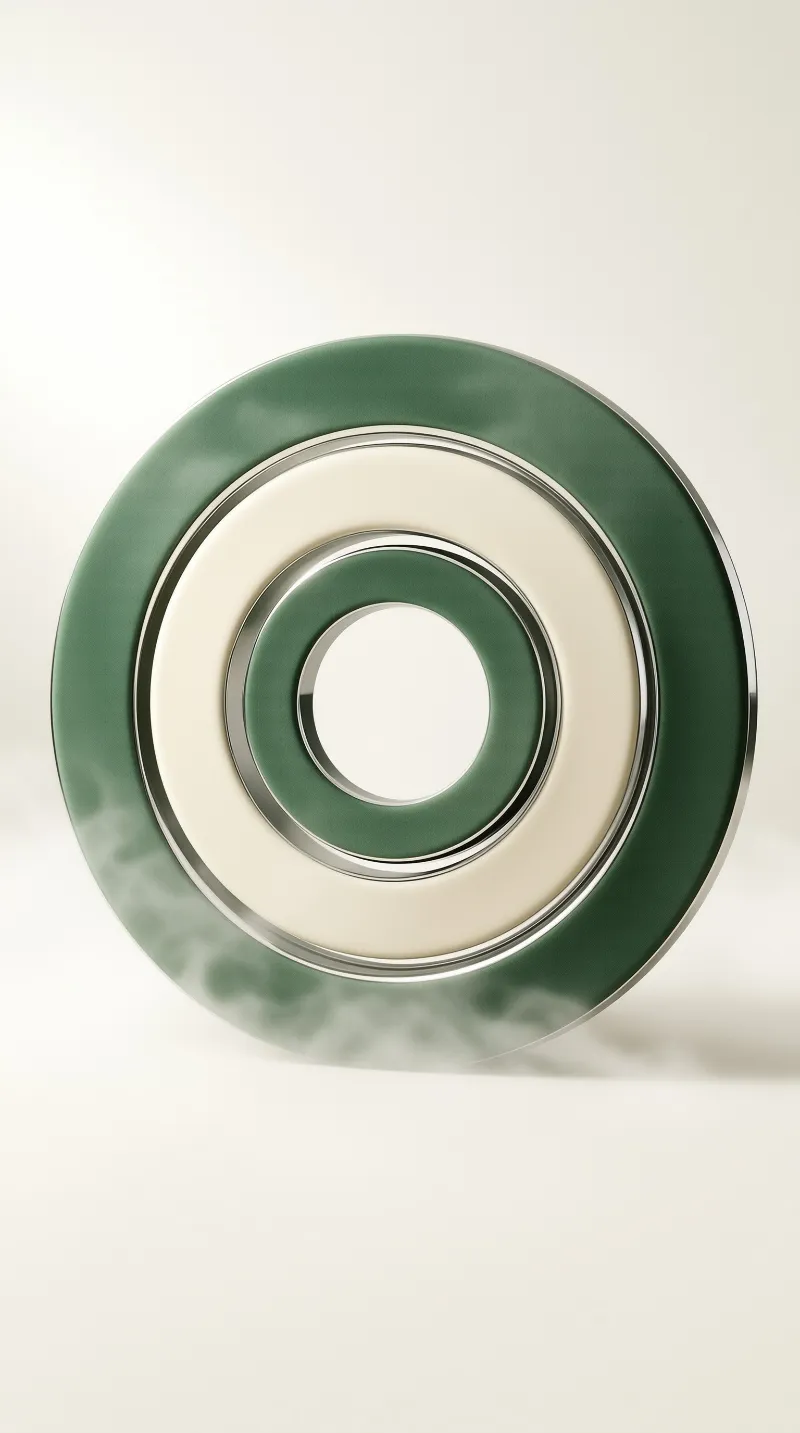 Stacked circular bands of sage green enamel and ivory rise from a pale mist, each seam trimmed in polished metal.