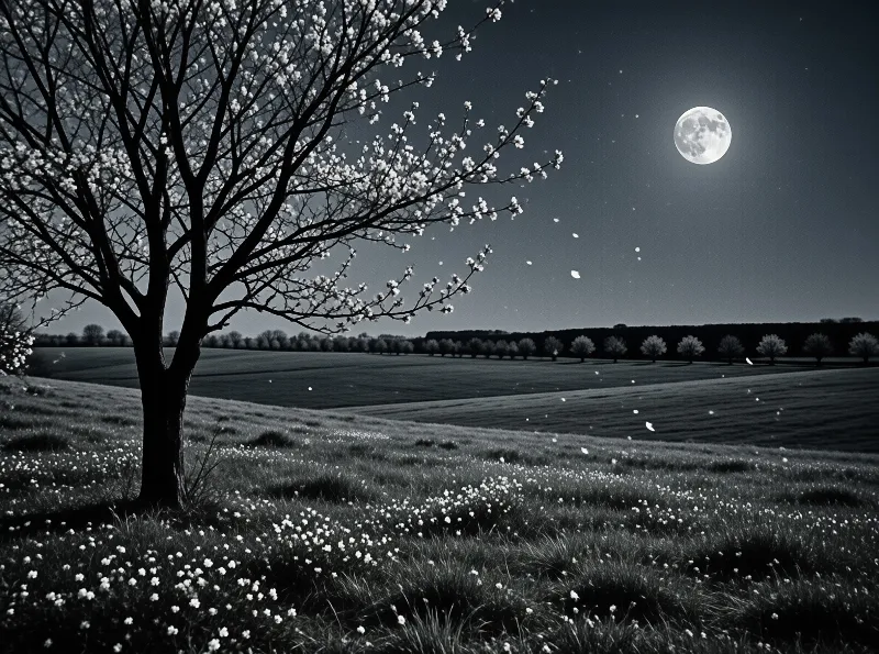 Blooming tree on grassy slope dotted with white flowers, bright full moon over distant trees, night sky with drifting petals.