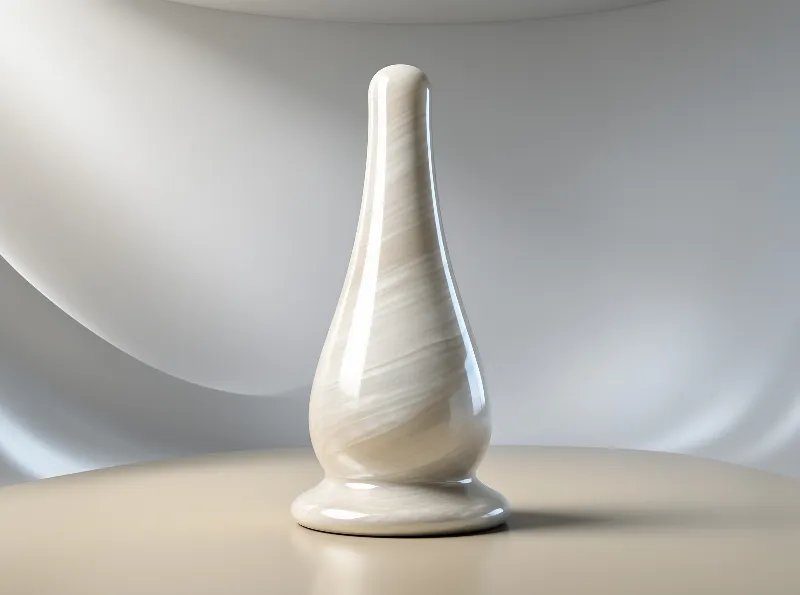 A tall white ceramic vase featuring a twisted marble design sits on a beige surface under soft lighting