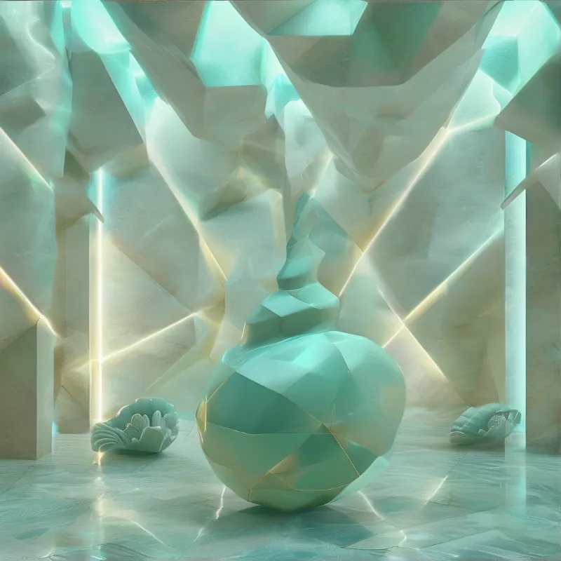 Turquoise geometric vessel sits in a cavern of pale stones illuminated by intersecting rays of energy.
