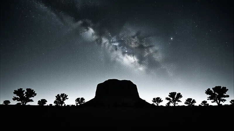 A lone flat-topped mesa and scattered desert trees stand in silhouette under a dense band of stars.
