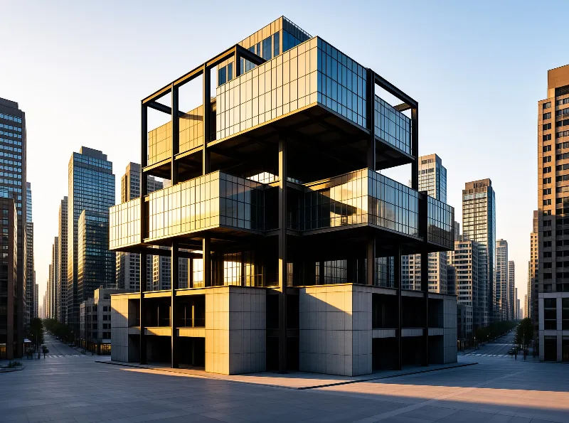 Stacked glass volumes on steel columns stand on a paved plaza, lit by warm golden sunlight casting long shadows on street.