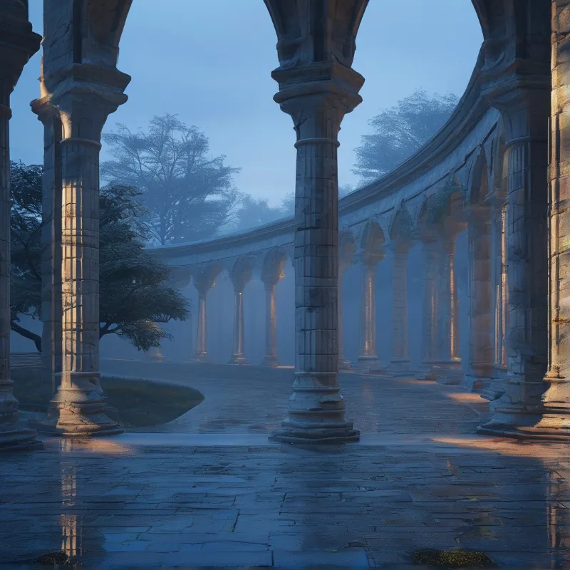 A curved row of weathered stone pillars stands in a foggy garden while warm sunrise rays reflect off the damp pavement.