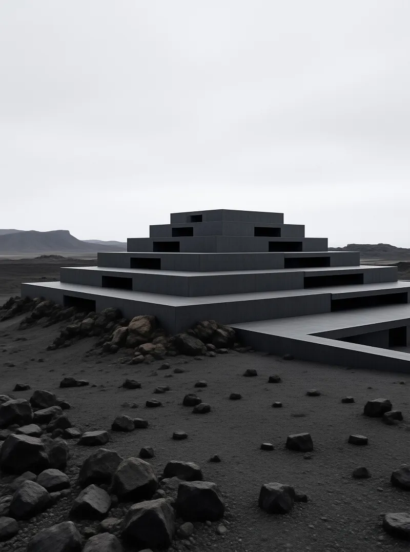 A stepped geometric building emerges from a desolate rocky plain under a pale overcast sky.