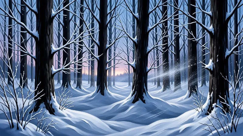 Dark tree trunks rise vertically from a snow-covered floor as beams of light shine through the branches into a purple sky.