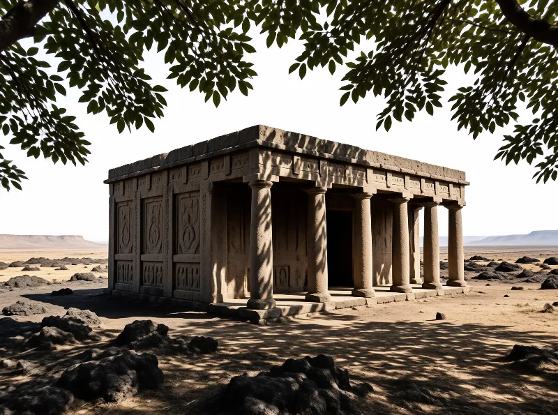 A rectangular stone structure with columns and carved walls sits in a sandy desert landscape beneath overhanging tree branches.