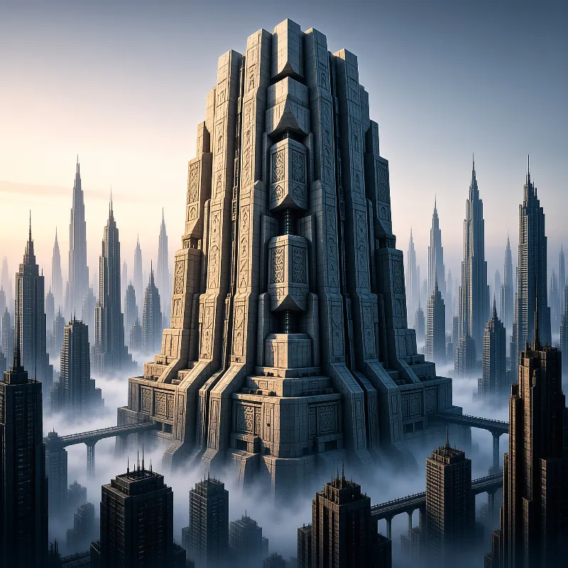 A stepped stone skyscraper carved with geometric reliefs towers over a misty city of slender spires and sky bridges