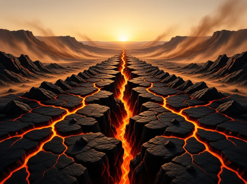 A deep crack glows orange through black basalt as the sun sets over a windswept volcanic valley.