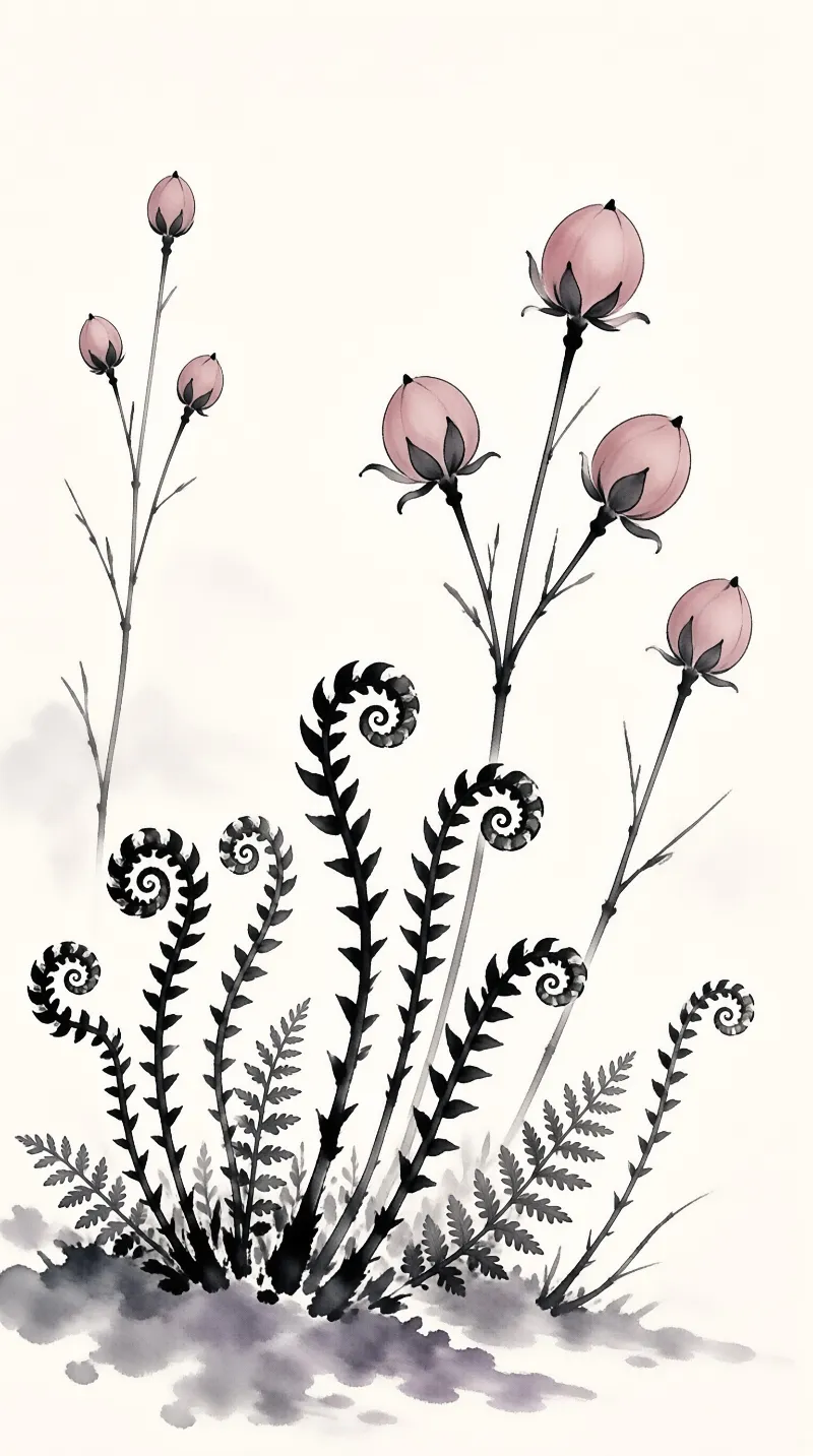 Ink wash painting of tall pink flower buds rising above curling black fern fronds against a plain white background.