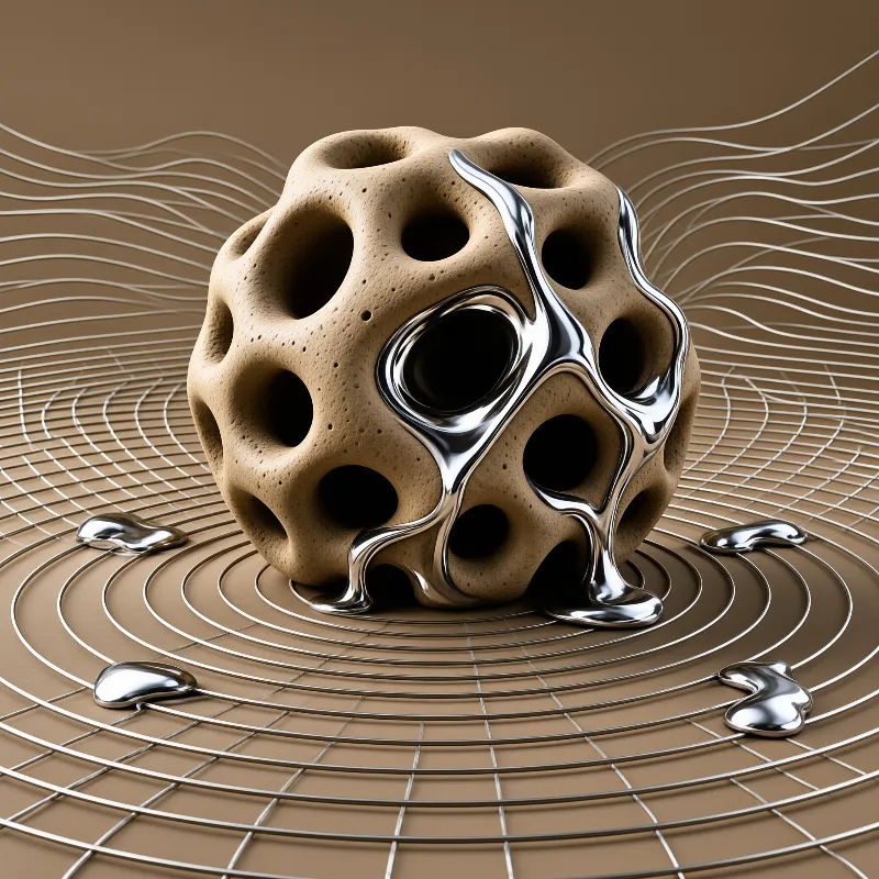 A porous brown form with large holes rests on a grid surface while silver mercury flows down its side and pools on the ground below.