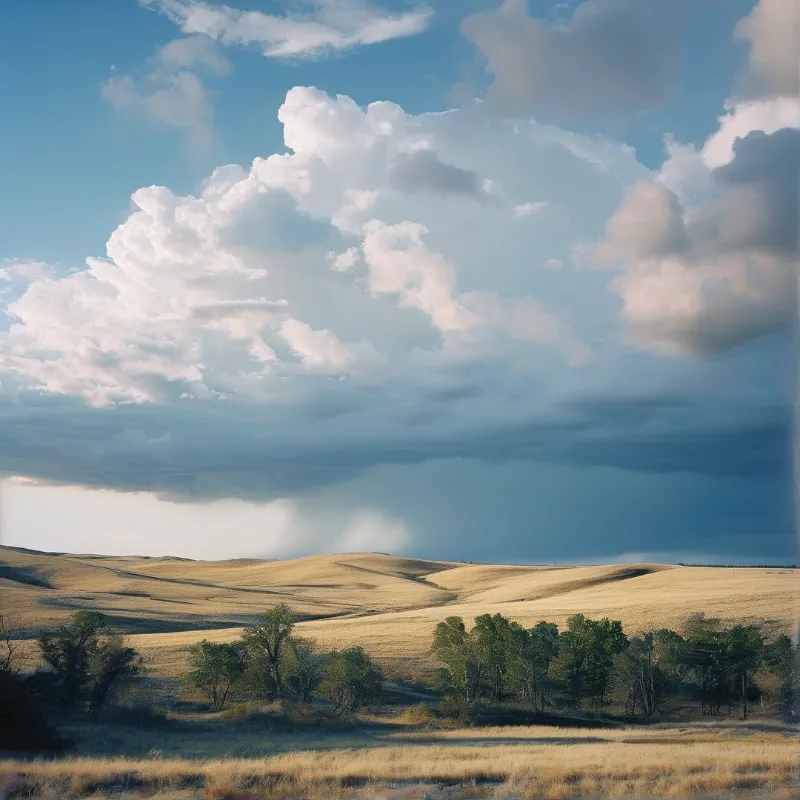 Dry grasslands with scattered trees beneath a dramatic sky showing large white clouds and dark storm shadows.