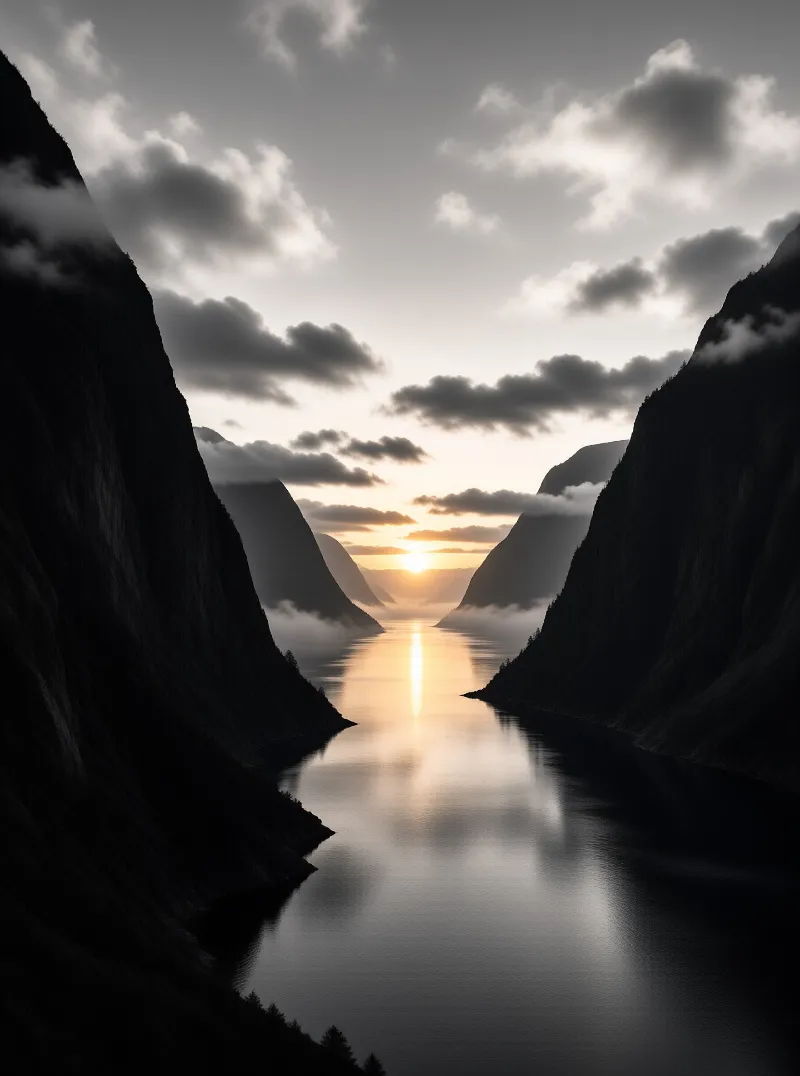 A calm body of water winds between steep dark mountains while the sun shines brightly on the horizon.