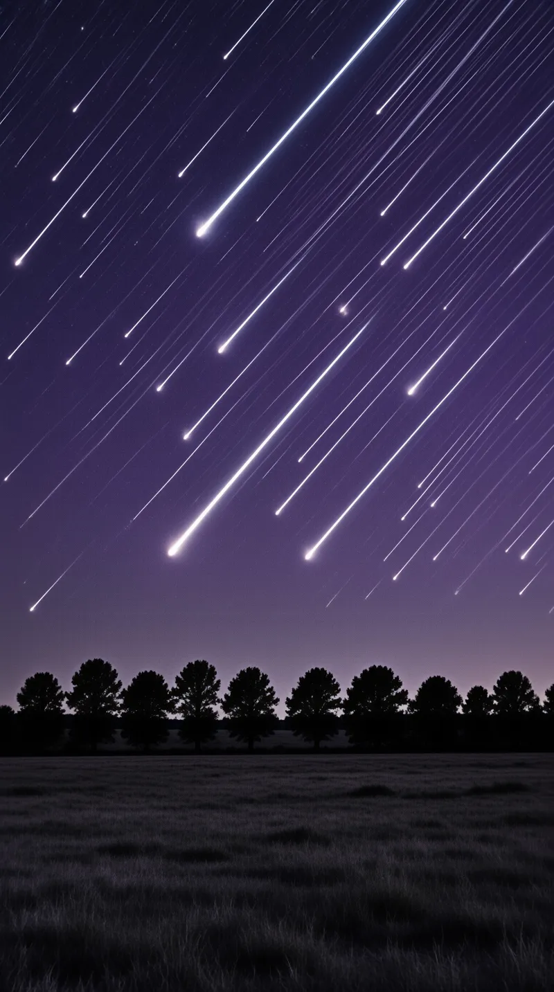 Bright white meteor trails streak diagonally across a deep purple night sky above a silhouette of trees.