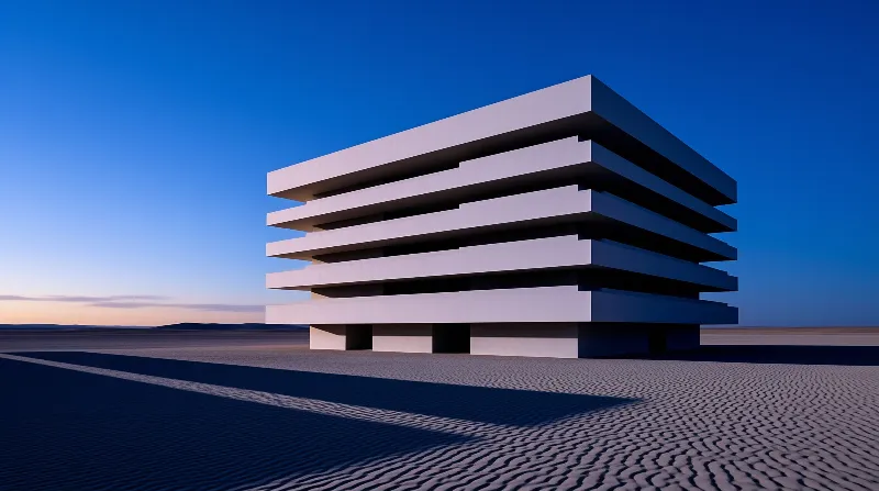 A white layered building stands alone on sandy ground under a deep blue sky during twilight.
