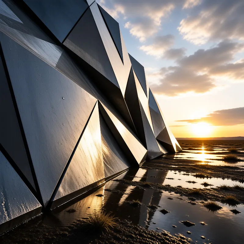 A dark angular metal installation stands in shallow water as the sun sets on the horizon behind scattered clouds.