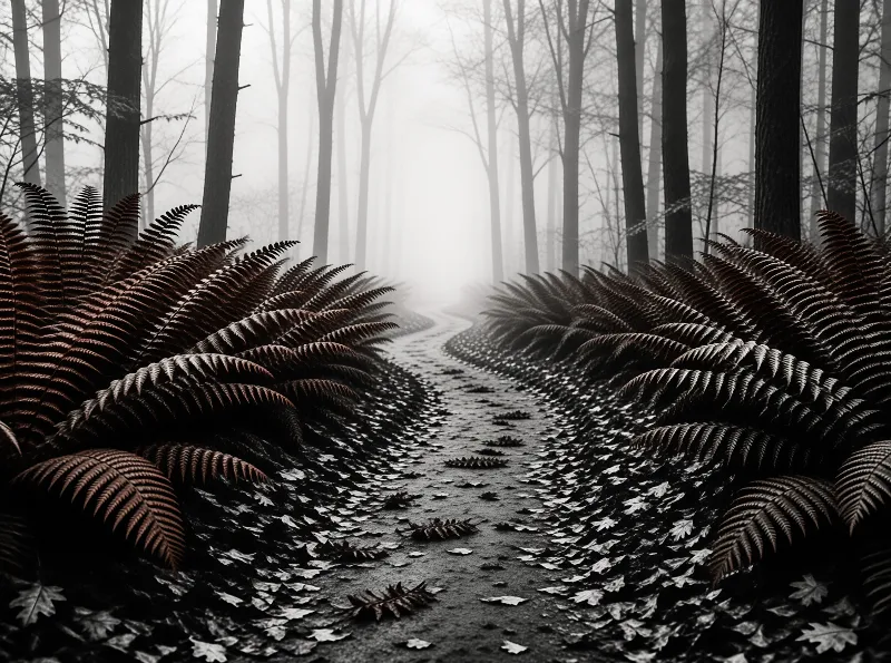 Russet fronds crowd both sides of a leaf-strewn trail that fades into mist between bare trunks.