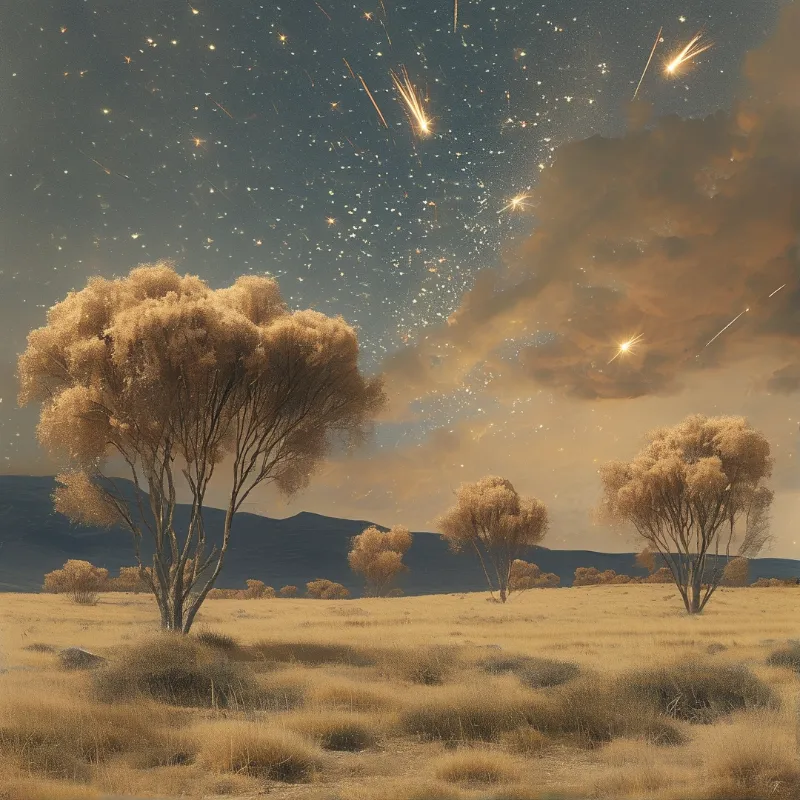 Sparse golden trees stand in a dry grassy plain beneath a star-filled night sky with streaking meteors and soft cloud cover