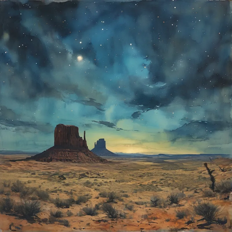Red rock butte stands on arid desert land under a deep blue starry sky with soft moonlight at the horizon