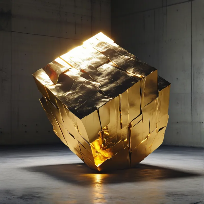 A massive golden sculpture with jagged fragments sits on a smooth concrete floor inside a dimly lit industrial room.