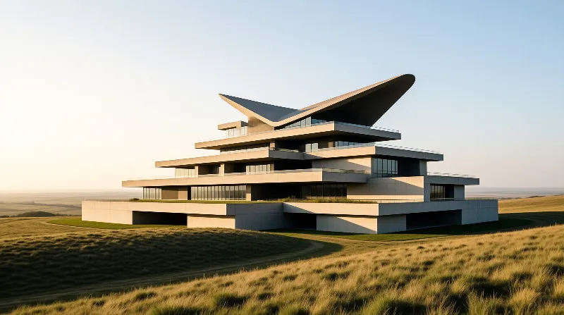 A large multi-level contemporary structure with a sharp angular roof stands on a rolling green hill bathed in warm sunlight.