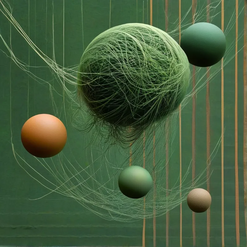 A green thread-woven sphere floats with four small matte orbs against a striped dark green wall with wispy strung fibers.