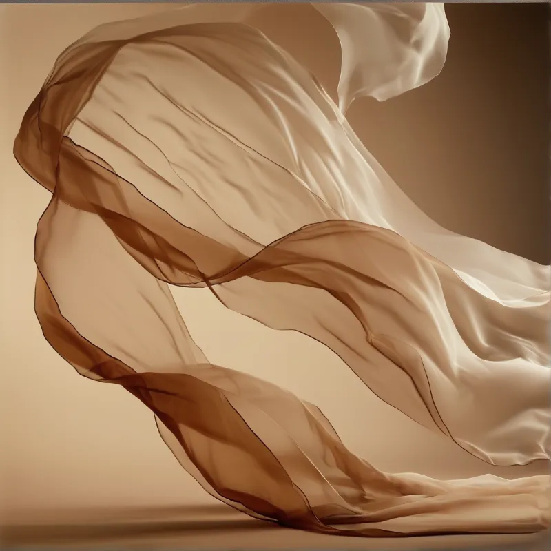 Translucent folds of tan cloth swirl through the air against a soft gradient of warm neutral tones.