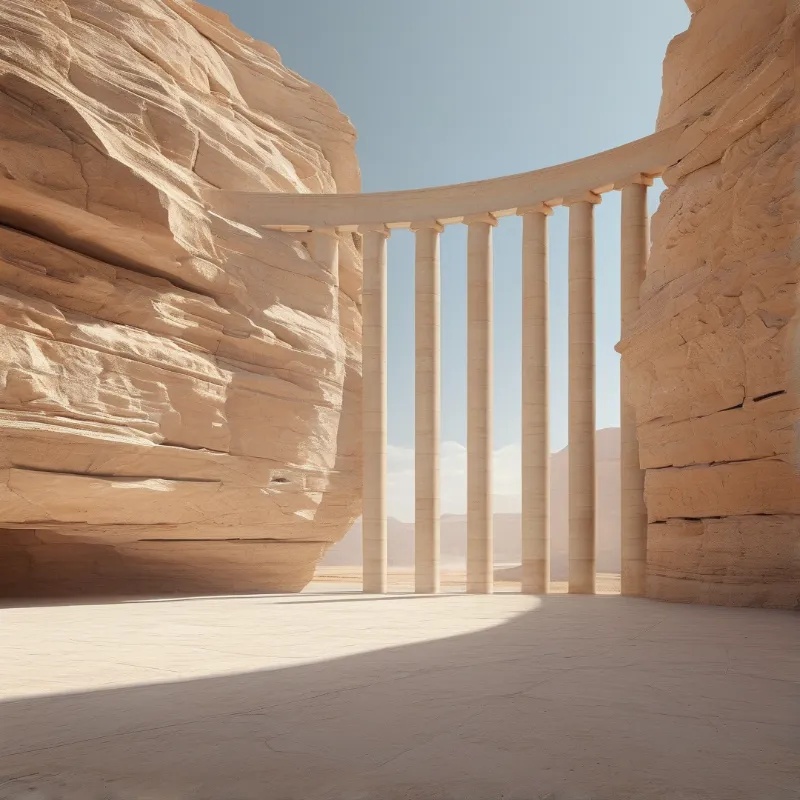 A beige curved colonnade with columns spans the gap between two large sandstone cliff faces in a sunlit desert.