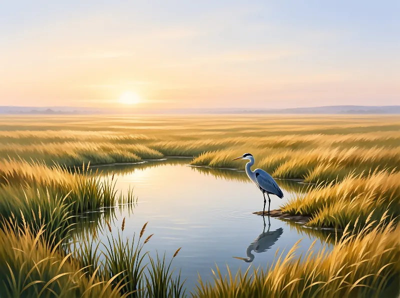 A grey heron stands in calm wetland water surrounded by golden reeds under a low sun on the horizon