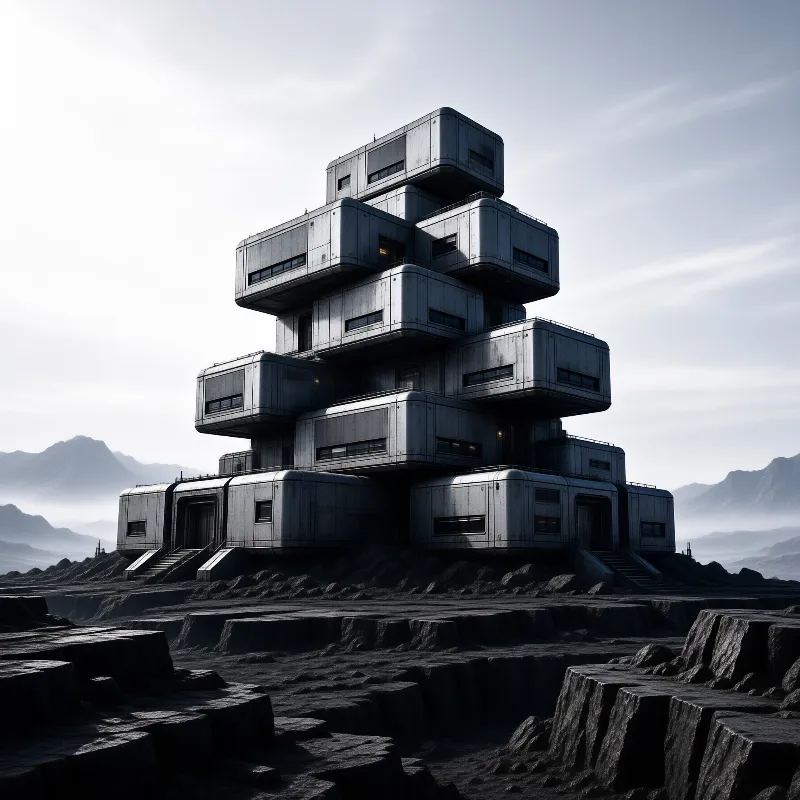 A futuristic structure made of stacked metal containers rises from a dark, rocky landscape under a pale overcast sky.