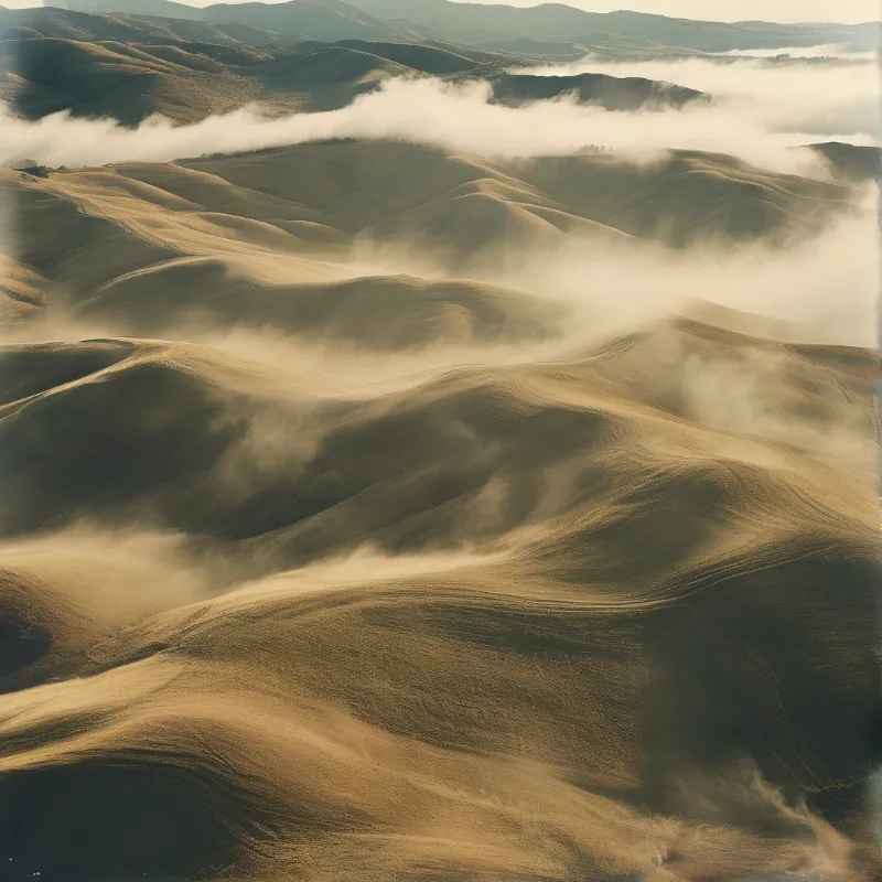 Aerial view of rolling golden sand dunes partially covered by thick white mist drifting through valleys under light.