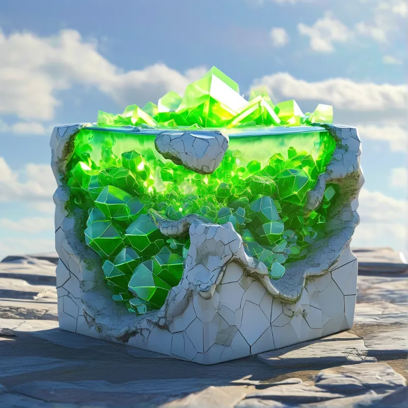 A large white stone cube cracks open to reveal bright green crystals glowing under a blue sky.