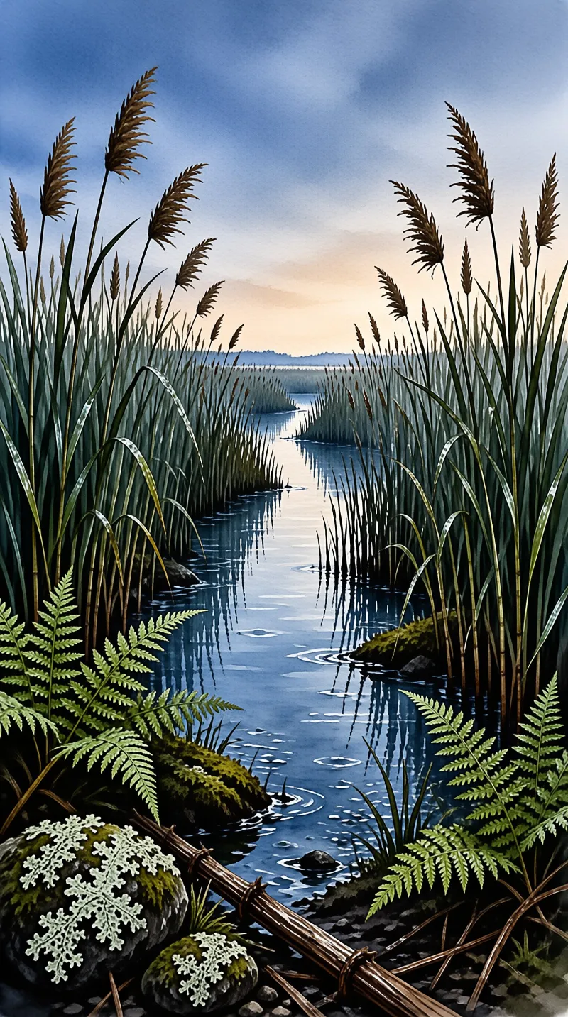 Tall reeds and ferns frame a narrow waterway reflecting the sky while mossy rocks sit near wooden poles.