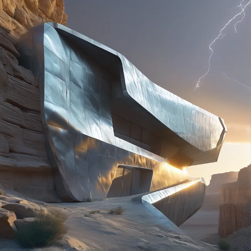A futuristic metal building is embedded into arid red desert cliffs at sunset with a lightning bolt streaking across the dusky sky.