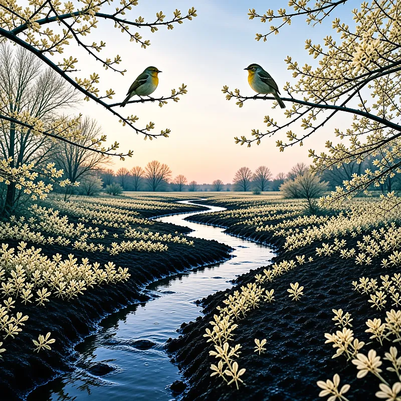 Two birds perch on branches framing a winding stream cutting through a field of yellow flowers under a soft sunset sky.