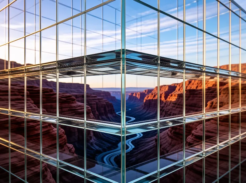 A transparent geometric framework stands before a winding river cutting through red rock formations under a blue sky.