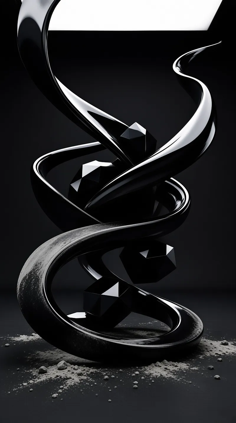 A glossy black sculptural ribbon coils upward around faceted dark gemstones, dusted with pale powder on a black floor.