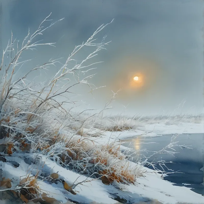 Frost-covered branches lean over a snowy bank beside water reflecting a low orange sun in the hazy sky.