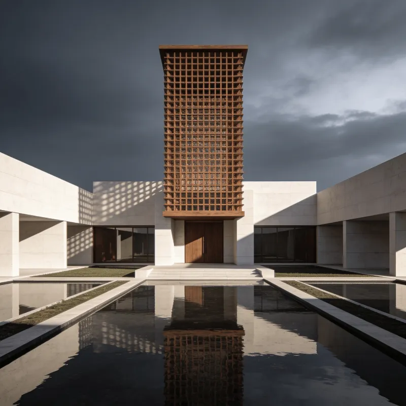 Tower with Wooden Lattice — Reflecting Pool