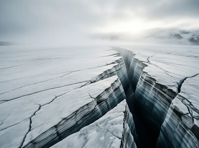 A deep dark crevasse cuts through a frozen ice sheet with layered blue walls under a misty overcast sky