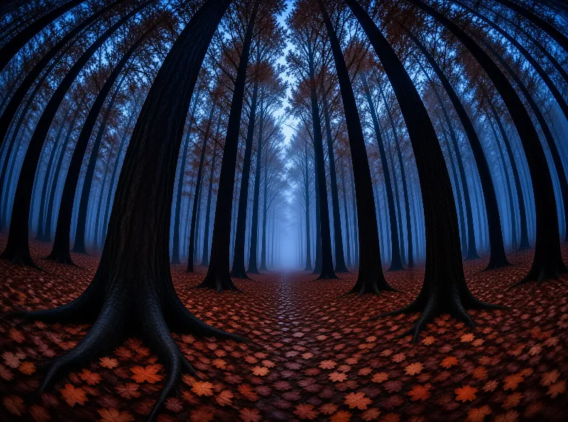 Curved black tree trunks line a foggy blue autumn path blanketed in rust orange maple leaves receding into pale distant haze.