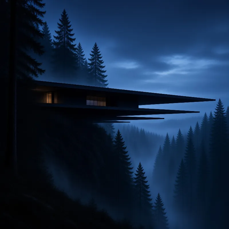 A modern cantilevered house with warm interior lighting contrasts against a dark, misty blue forest at night.