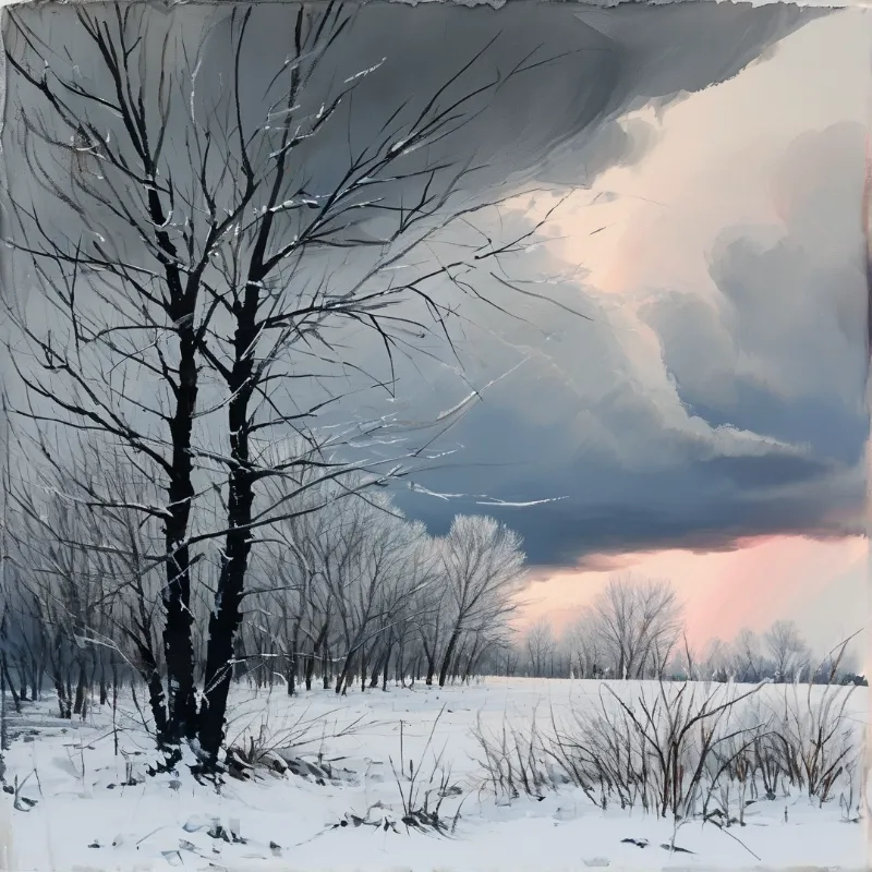 A dark leafless tree stands in a snowy landscape with pink clouds filling the sky.