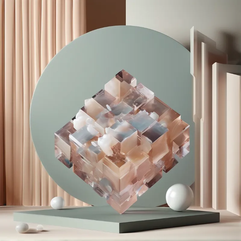 A translucent geometric structure hovers above a platform amidst soft pastel architectural forms and spheres.