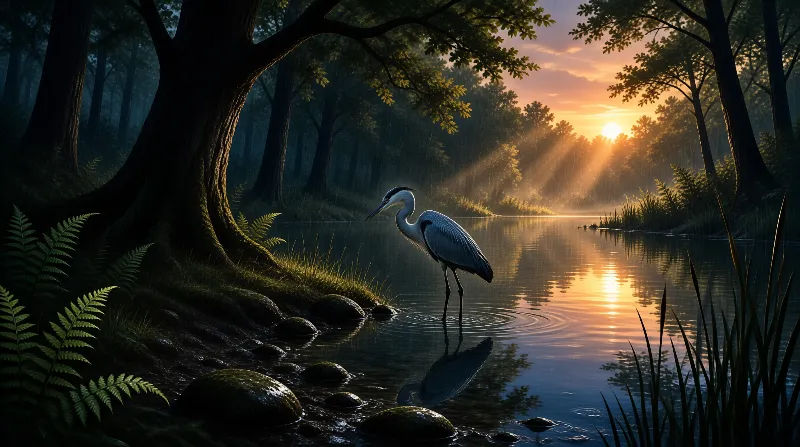 A solitary heron wades through rippling water near the forest edge under beams of orange sunlight.