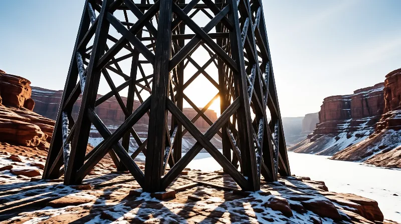 A dark wooden lattice tower stands in a snow-dusted red rock canyon as the sun sets behind it