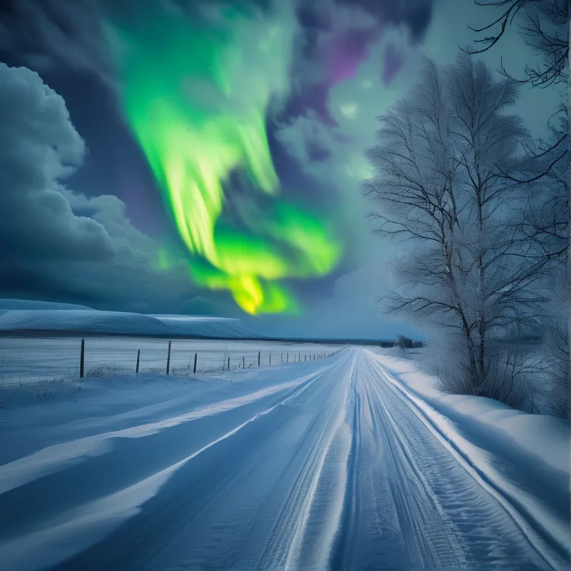 Aurora on Snowy Frozen Road