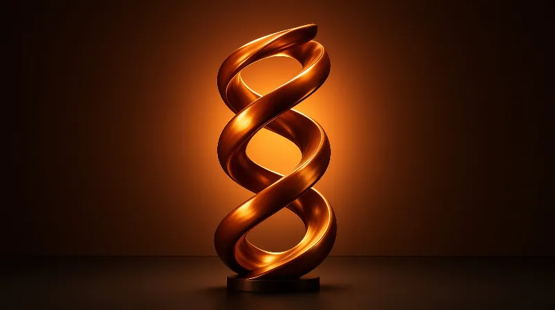 A polished bronze ribbon twists into a vertical spiral, catching warm light against a deep amber gradient