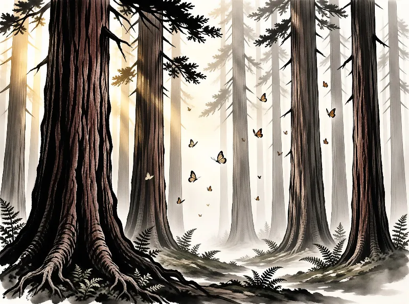 Towering redwood trunks stand in misty forest while butterflies drift through warm golden sunbeams piercing the canopy